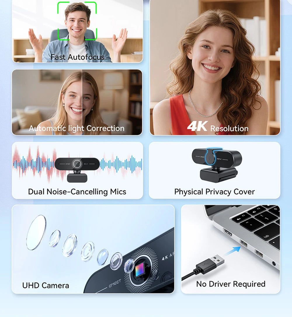 4K Webcam 1080P 60fps Video Camera EMEET C60E 4K Autofocus USB  Camera for Computer/PC Living/ Video Call/ Conference Web Cam