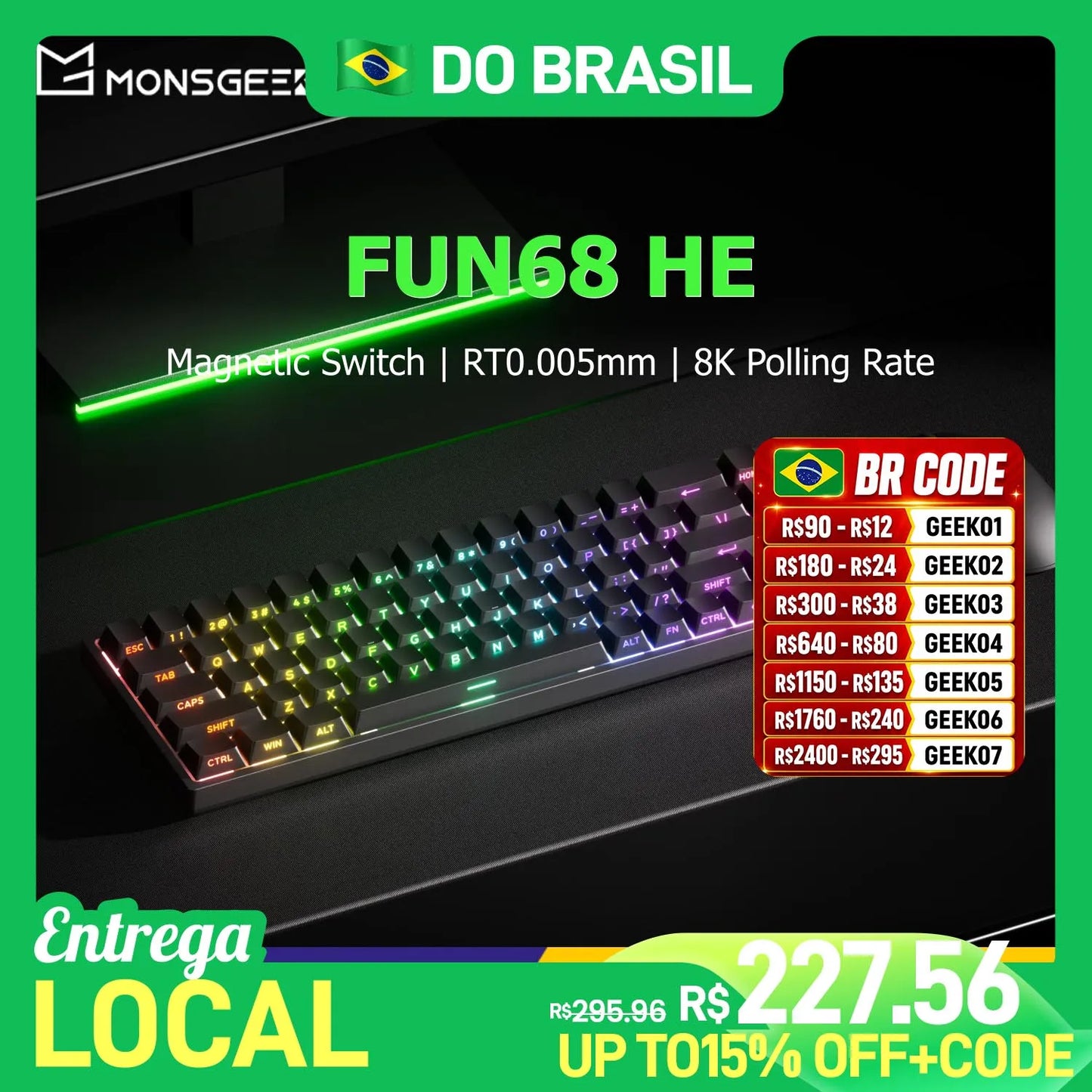 Akko MonsGeek FUN68 HE Magnetic Switch Keyboard 65% Rapid Trigger 0.005mm 8K ARGB Wired Esports Gaming Keyboard for Gamer