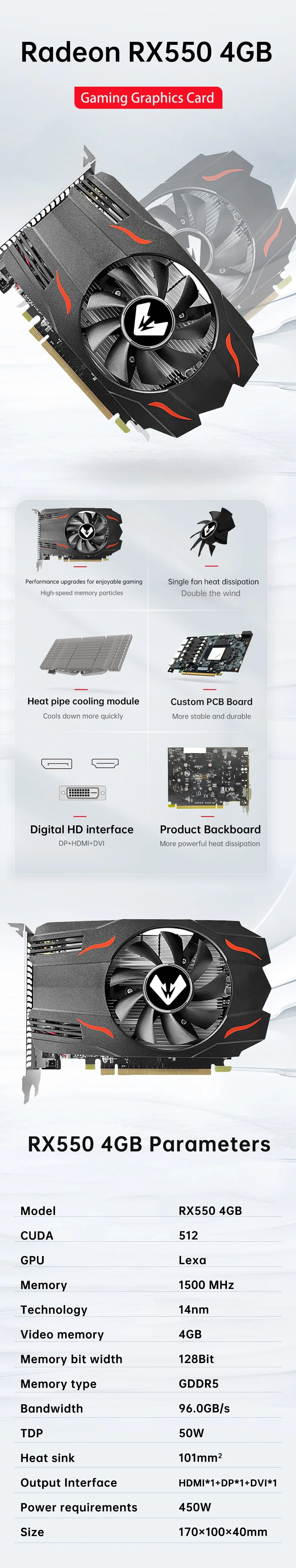 MOUGOL Original Graphics Card Radeon RX 550 4G GDDR5 128Bit 14nm AMD GPU Computer PC RX550 PCI-E 3.0 Gaming Video Card