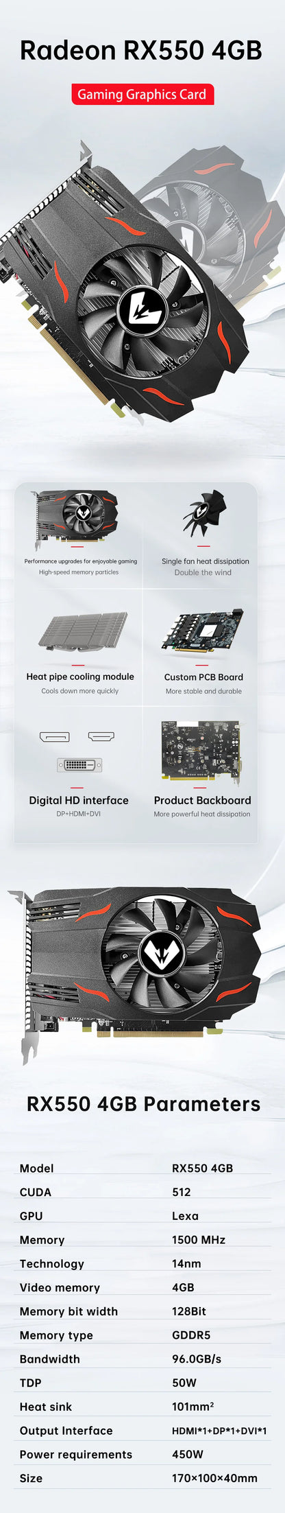 MOUGOL Original Graphics Card Radeon RX 550 4G GDDR5 128Bit 14nm AMD GPU Computer PC RX550 PCI-E 3.0 Gaming Video Card