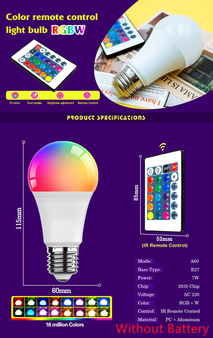 LED RGB Light Bulb AC 220V 230V E27 Bombillas LED 7W IR Remote Control Changeable Colorful RGBW Led Lamp Spotlight Bulb