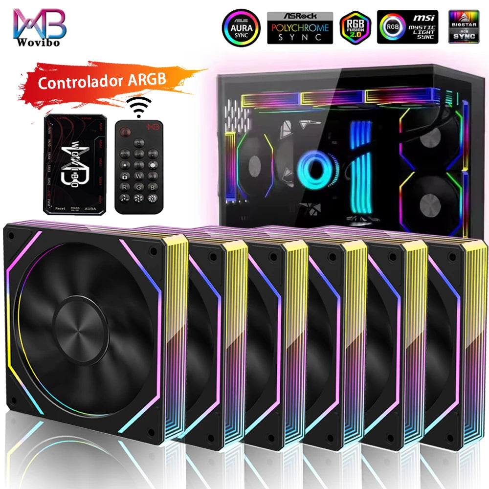 Wovibo PC Computer Cooling Fan 120mm ARGB Infinity Mirror PWM 4Pin 5V 3Pin RGB Branco Preto 12cm Fans Sync