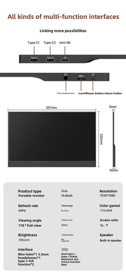 15.6" FHD IPS Portable Touch Monitor, USB-C Plug & Play Second Screen for Laptop/Mobile/Switch/PS5/Xbox, for Gaming & Office