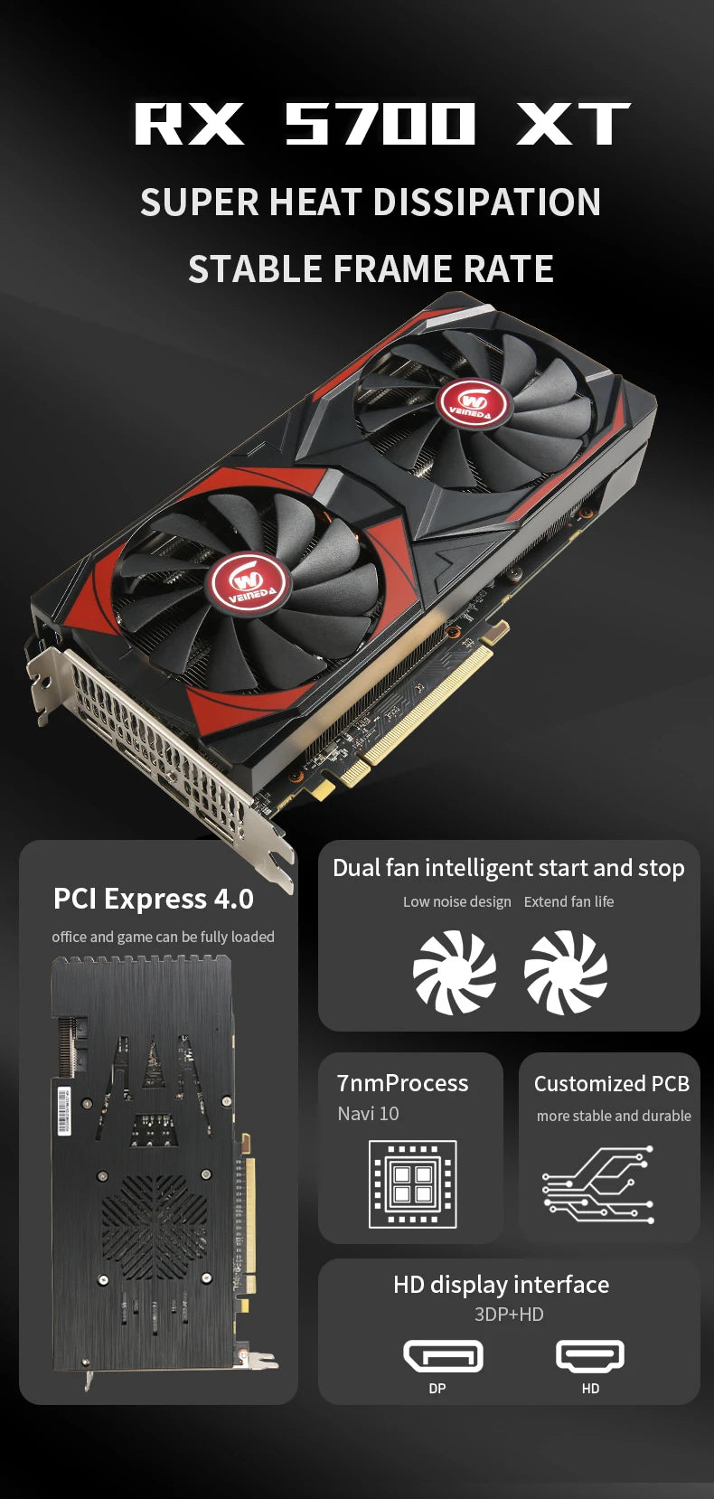 Veineda RX 5700XT 8GB Graphics Card GPU GDDR6 256Bit 8pin+6pin  7nm DP*3 HDMI*1  Video Card Support Desktop CPU placa de video