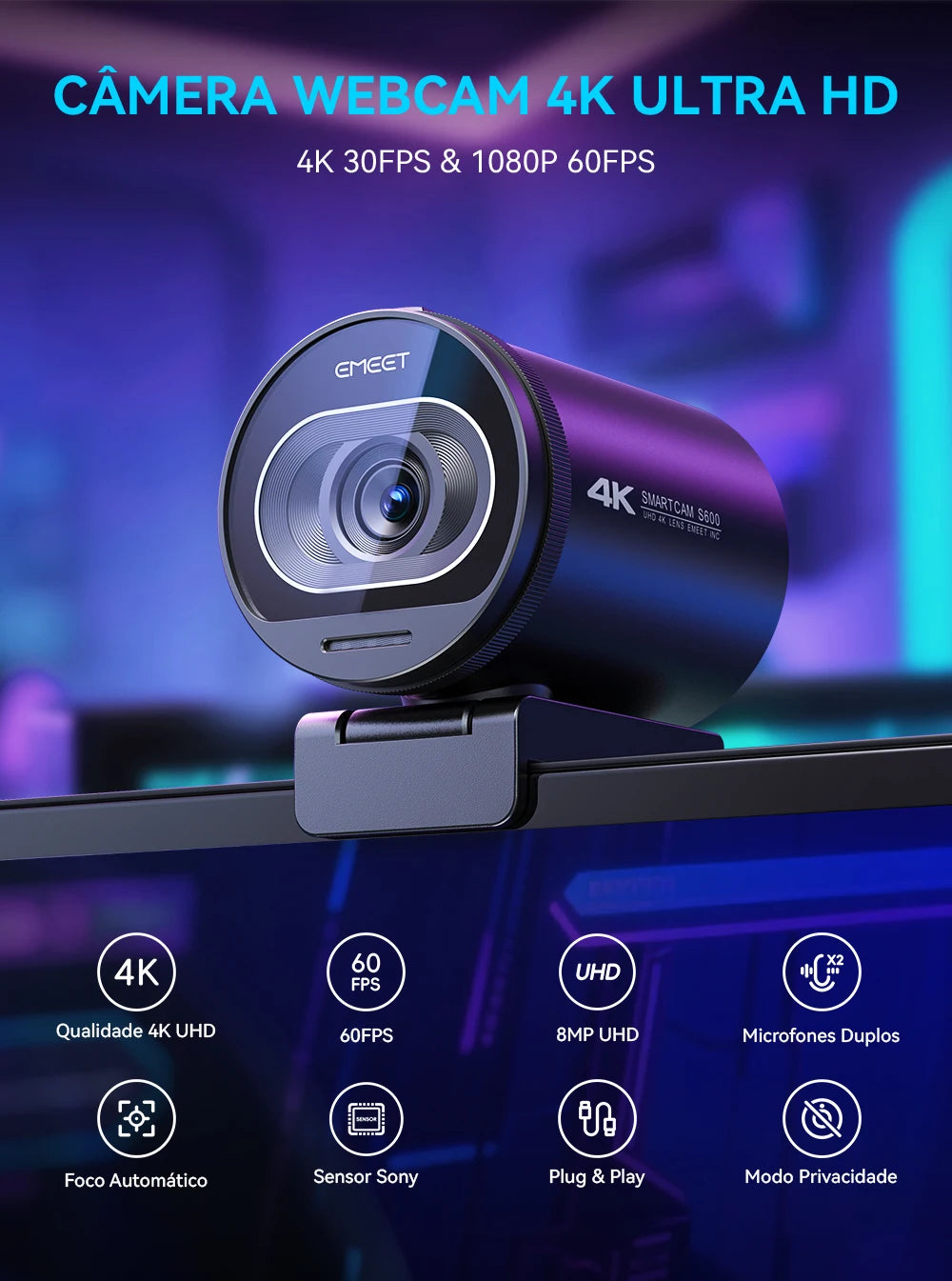 4K Webcam S600 Streaming Camera EMEET USB Camera for PC/Computer/Youtube/VideoChat