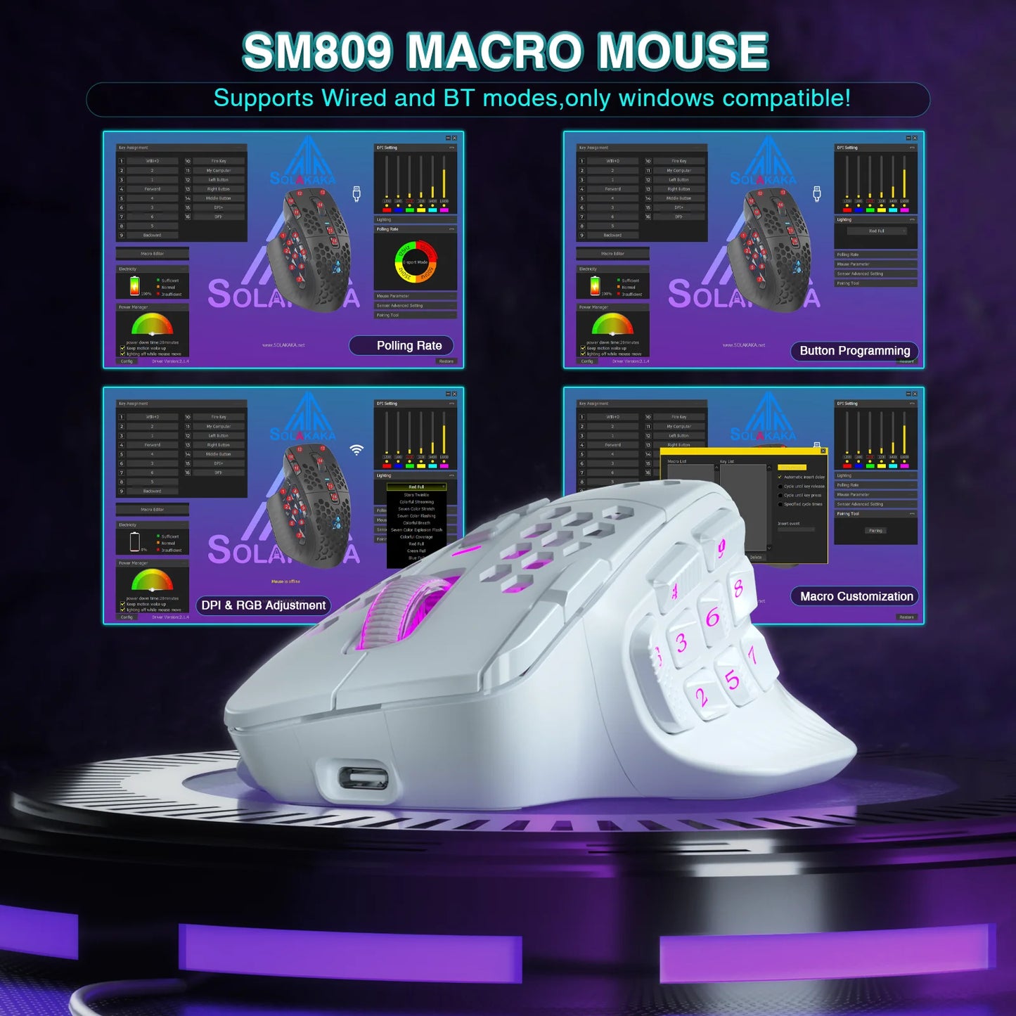 SOLAKAKA SM809 Pro Wireless MMO Gaming Mouse 16 Buttons 24000 DPI Wireles Mouse Ergonomic PAW3311 Sensor